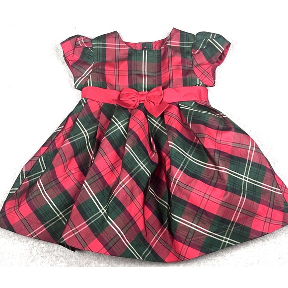 George Baby Dress 12M Red Plaid Check Ruffle Cap Sleeve Bowtie Flare Party Gown - Picture 2 of 15